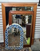 Rectangular wall mirror with pine frame, an arched top mirror with tiled frame and a 19th century