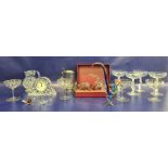 Collection of glassware, including four Bayel champagne coupes with frosted figural stems, a Tudor