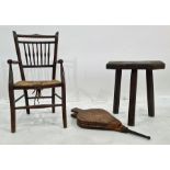 Pair of elm bellows, a pig stool and a child's carver chair (3)