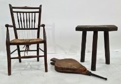 Pair of elm bellows, a pig stool and a child's carver chair (3)