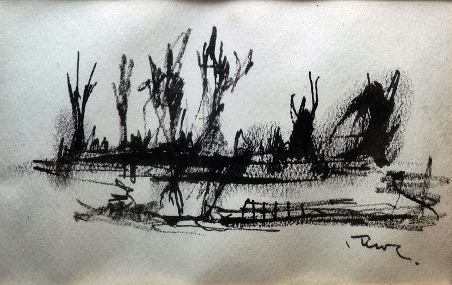 Unattributed (contemporary school)  Ink drawing Abstract landscape scene, signed indistinctly