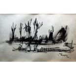 Unattributed (contemporary school)  Ink drawing Abstract landscape scene, signed indistinctly