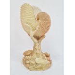 Royal Worcester nautilus shell, blush ivory ground on a rocky shell moulded base, enriched in