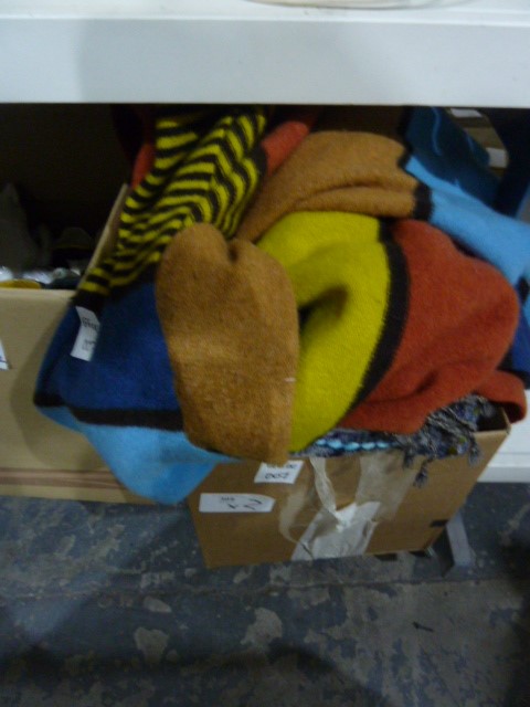 Assorted textiles, a large woollen blanket and assorted ceramics (2 boxes)