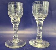 Pair of  late 19th Century/ early 20th Century clear glass wines with etched decoration of bird