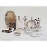 Pair of silver plated sugar casters, a circular pierced dish, a tray, a jug, etc