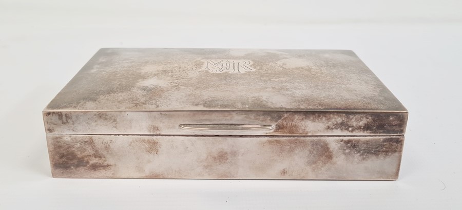 Silver cigarette box with wooden lined interior, monogrammed 'MRH'