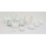 Collection of various white moulded glass chickens on nests, various makes and sizes (17)