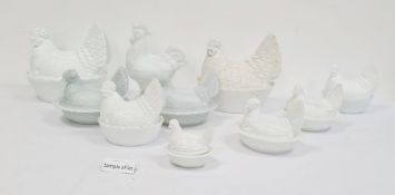 Collection of various white moulded glass chickens on nests, various makes and sizes (17)