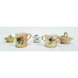 Royal Worcester blush ivory ground miniature tyg painted with rose sprays, printed puce marks,