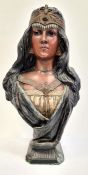 Possibly French Art Nouveau composition bust of a maiden in headdress, monogram impressed,