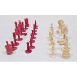 19th century carved bone and stained red chess set