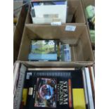 Quantity books on steam trains, sail, antiques etc (3 boxes)