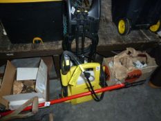 Small Karcher power washer, some gardening tools, a box of vintage woodworking tools and three boxes