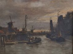 Late 19th century school Oil on panel Dutch canal scene, initialled 'LGV' and dated '87 lower right,