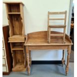 Pine washstand with three-quarter galleried back, turned supports to peg feet, two pine side