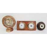 Modern oak-framed skeleton mantel clock, a wall-mounted clock and barometer and an oak-mounted
