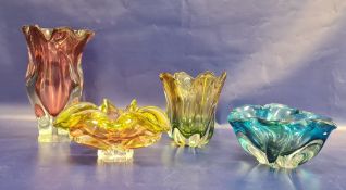 Four Murano style coloured art glass vases, each of thick walled petal-shaped form, comprising a