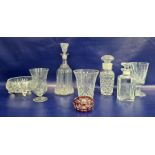 Late 19th century glass wine decanter, inverse bell-shape ribbed body and the matching stopper, a