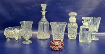 Late 19th century glass wine decanter, inverse bell-shape ribbed body and the matching stopper, a