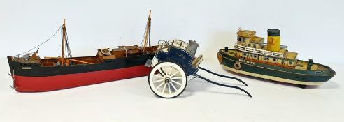 Japanese tinplate boat 'Neptune' no.1752155584, 37cm long, a model ship and a Dairy Farm cart,