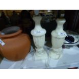 Alabaster table lamp, another, an earthenware oversized jug, empty Moorcroft boxes, framed prints,