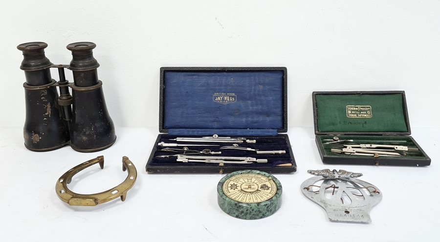 Pair of binoculars, an AA automobile badge, drawing instrument sets, etc