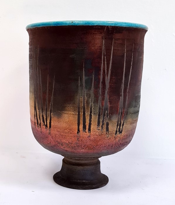 20th Century studio stoneware vase, of goblet from, the interior in a turquoise glazed finish and