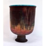 20th Century studio stoneware vase, of goblet from, the interior in a turquoise glazed finish and