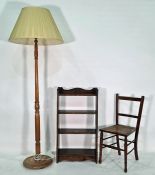 Oak open bookcase, a cane-seated chair and a standard lamp (3)