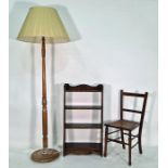 Oak open bookcase, a cane-seated chair and a standard lamp (3)