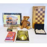 Steiff yellow label fur teddy bear, modern and small quantity games and a Dartington Silver