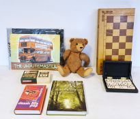 Steiff yellow label fur teddy bear, modern and small quantity games and a Dartington Silver