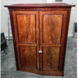 19th century mahogany linen press, the moulded cornice above two panelled doors enclosing various