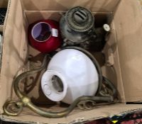 Oil lamp, two metal tripod sconces, lacking glass bowls and other items (1 box and candle sconces)