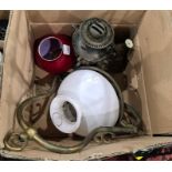 Oil lamp, two metal tripod sconces, lacking glass bowls and other items (1 box and candle sconces)