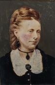 Three Victorian portrait photographs, various sizes and another painted oval photograph in burr