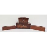 19th century rosewood workbox of rectangular form, a two-section sarcophagus-shaped tea caddy and