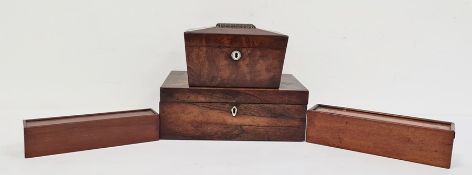 19th century rosewood workbox of rectangular form, a two-section sarcophagus-shaped tea caddy and