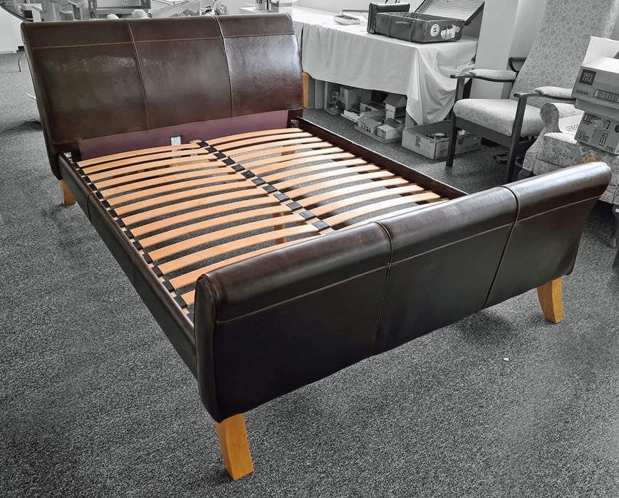 Harrods modern 5ft bed frame with brown leather head and foot board