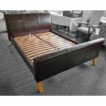 Harrods modern 5ft bed frame with brown leather head and foot board