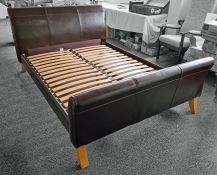 Harrods modern 5ft bed frame with brown leather head and foot board