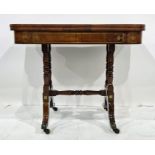 19th century card table, the rectangular top with rounded front corners, brass inlay, on twin column