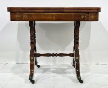 19th century card table, the rectangular top with rounded front corners, brass inlay, on twin column