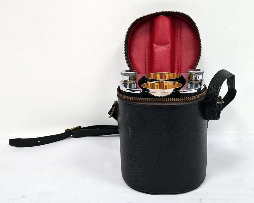 EPNS travel hip flask set comprising a pair of hip flasks and four gilded cups in leatherette pouch