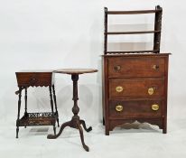 20th century oak chest of three drawers, a centre table with chequerboard inlaid top, a sewing box