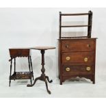 20th century oak chest of three drawers, a centre table with chequerboard inlaid top, a sewing box