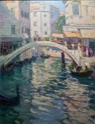 Augustus William Enness (1876-1948) Oil on board Venetian waterway with bridges and gondolas, signed