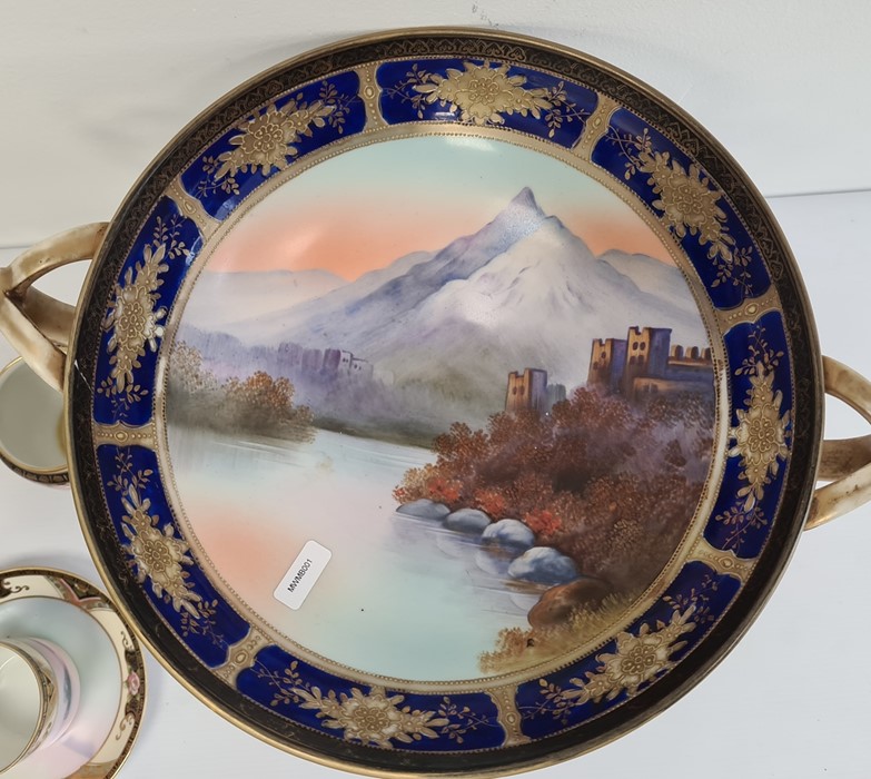 Noritake porcelain two-handled footed bowl, painted to interior with mountainous lakeside decoration - Image 2 of 2