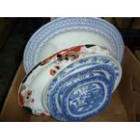 Six various large meat plates including Wedgwood 'Willow' pattern and one smaller (7)